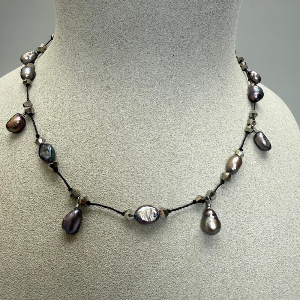Vintage Y2K Gray Cultured Pearl Pyrite Beaded Necklace 17" 925 Silver Clasp